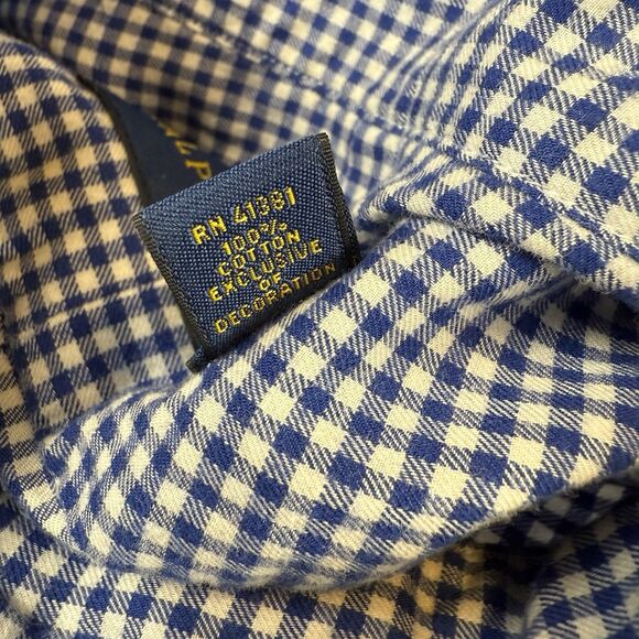 Ralph Lauren Men’s L Gingham Shirt Blue White Plaid Red Pony Cotton Button-Up - Picture 6 of 7